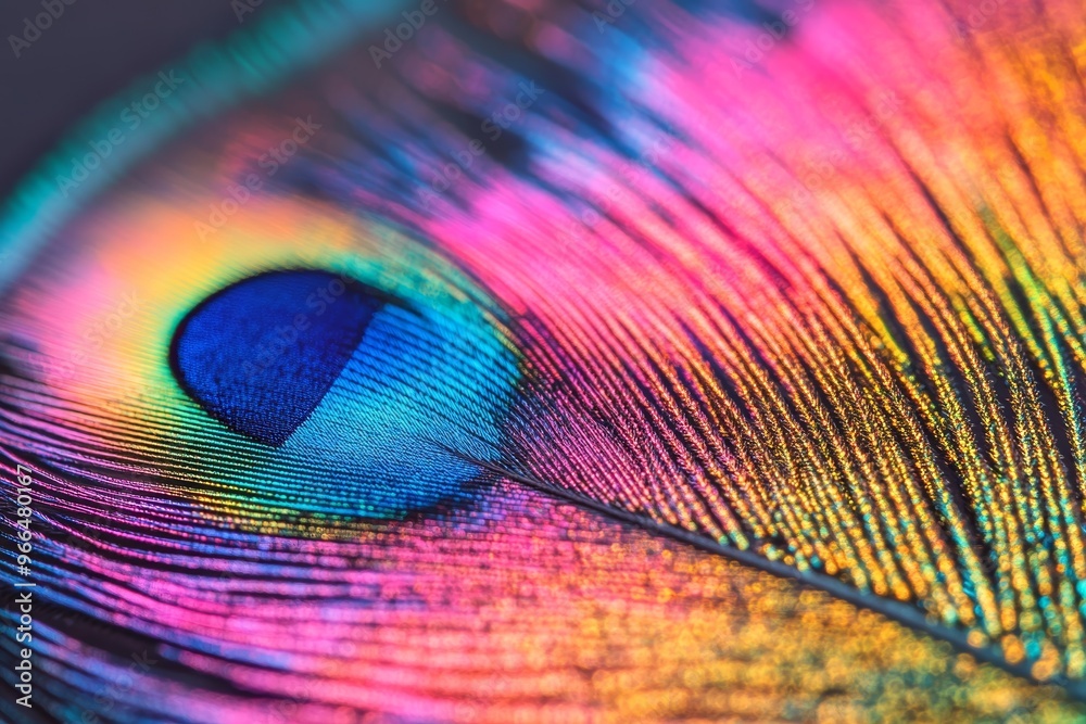 Naklejka premium Peacock feather in vivid detail, focusing on the iridescent colors and natural patterns, symbolizing wildlife, elegance, and nature's artistry