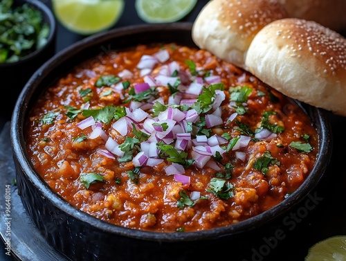 Mouthwatering pav bhaji served buttery pav buns garnished with chopped onions and lime wedges