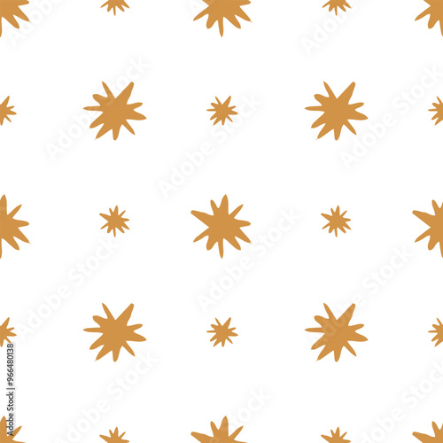 Seamless abstract geometric pattern with doodle hand drawn stars, golden color. Christmas gift wrapping paper texture. Hand drawn vector background.