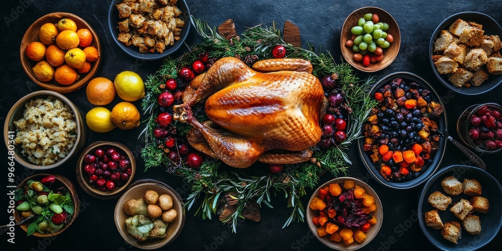 Thanksgiving Feast with Roasted Turkey and Traditional Side Dishes Thanksgiving Feast with Roasted Turkey and Traditional Side Dishes
