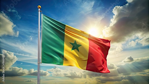 Vibrant green, yellow, and red vertical tricolor Cameroun flag waving in the wind, with a subtle crease, against a blurred blue sky with few white clouds. photo