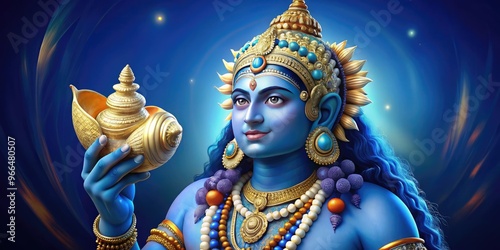 Vibrant illustration of a blue-skinned deity holding a conch shell and discus, adorned with golden jewelry and a serene expression, set against a dark blue background. photo