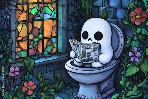 A playful ghost reading a newspaper in a colorful, magical setting, surrounded by flowers and glowing lights, symbolizing fantasy and fun