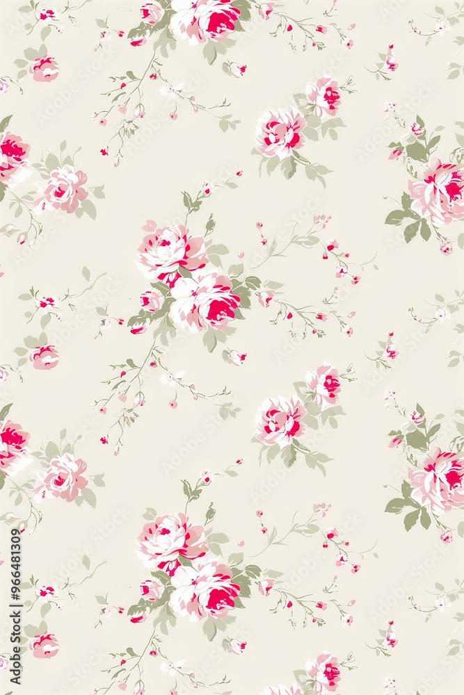 A delicate and romantic floral pattern featuring pink roses and green leaves on a cream background. Perfect for creating feminine and vintage-inspired designs. A delicate and romantic floral pattern featuring pink roses and green leaves on a cream background. Perfect for creating feminine and vintage-inspired designs.