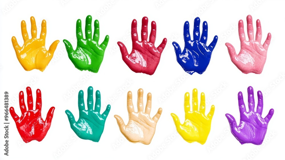 Colorful handprints in various shades of paint on a white background, symbolizing creativity and playful expression Colorful handprints in various shades of paint on a white background, symbolizing creativity and playful expression
