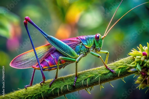 Vibrant, iridescent dragon-headed katydid cricket perches on a leafy branch, its delicate wings and long antennae against a soft, blurred green forest background. photo