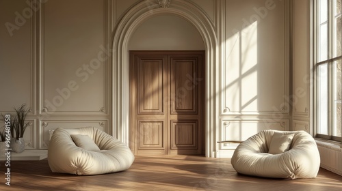 Bean bag boucle chairs in classic room with paneling and arched doorway Minimalist interior design of modern living room