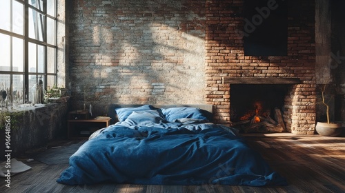 Bed with blue pillow and coverlet near fireplace Loft interior design of modern bedroom with brick wall
