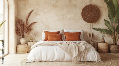 Bed with terra cotta pillows against beige stucco wall Boho interior design of modern bedroom
