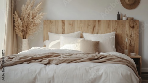 Bed with wood headboard and beige bedding Scandinavian, boho interior design of modern bedroom