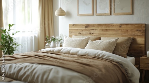 Bed with wood headboard and beige bedding Scandinavian, boho interior design of modern bedroom