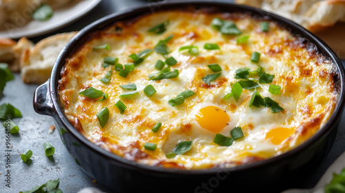 Indulge in a cozy breakfast or brunch with cheesy baked eggs, topped with fresh green onions.