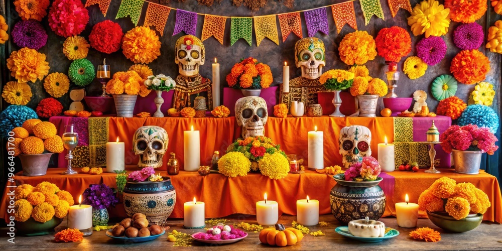Vibrant marigolds, sugar skulls, and intricate papel picado adorn a festive Mexican altar, honoring ancestors on the Day of the Dead. Vibrant marigolds, sugar skulls, and intricate papel picado adorn a festive Mexican altar, honoring ancestors on the Day of the Dead.