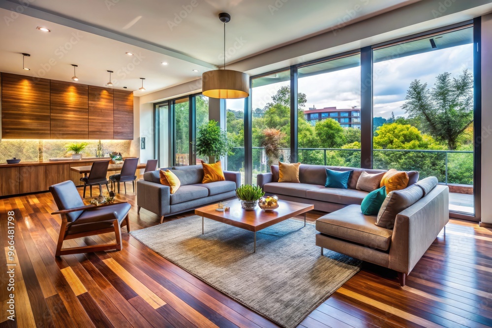 Vibrant, modern living room with sleek wooden floors, floor-to-ceiling windows, and trendy decor, showcasing stunning results of a beautifully executed home renovation project. Vibrant, modern living room with sleek wooden floors, floor-to-ceiling windows, and trendy decor, showcasing stunning results of a beautifully executed home renovation project.