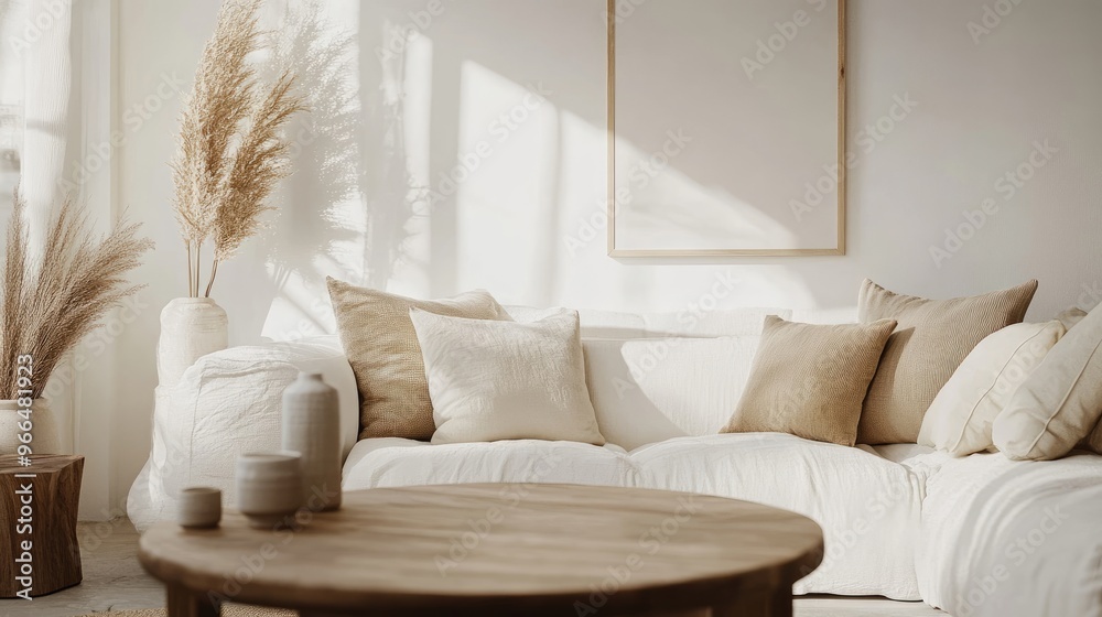 Boho interior design of modern living room, home Round wooden coffee table against white sofa with beige pillows Poster on the white wall Boho interior design of modern living room, home Round wooden coffee table against white sofa with beige pillows Poster on the white wall