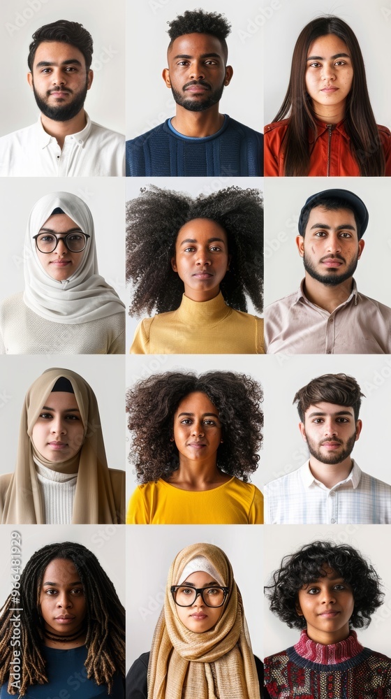 A Powerful Display of Cultural Diversity: Portraits of People from Different Cultures Posed Together on a Solid White Background, Celebrating Global Unity