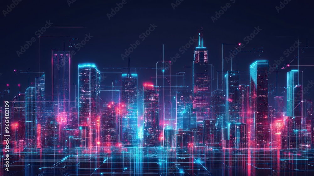 Neon Cityscape with Digital Lines and Reflections Neon Cityscape with Digital Lines and Reflections