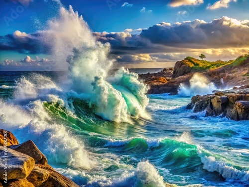 Vibrant ocean waves crash against rocky shores, producing a mesmerizing display of splash, foam, and spray, capturing the dynamic energy of the turbulent sea. photo