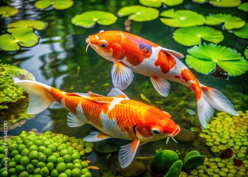 Vibrant orange and white koi fish swim together in harmony amidst lush green aquatic plants and ripples in a serene Japanese-style garden pond. photo