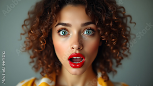 Woman with red lips surprise.Beautiful girl with curly hair surprised and shocked looks on you . Presenting your product. Portrait of impressed pretty person open mouth look camera news information