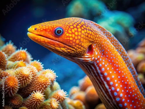 Vibrant orange dragon eel swims majestically amidst coral reef, its long, slender body adorned with iridescent scales, contrasting against the dark blue ocean backdrop. photo