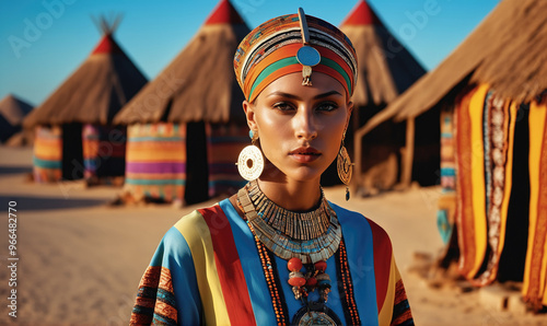 A woman in traditional clothing stands in front of colorful huts in a desert village