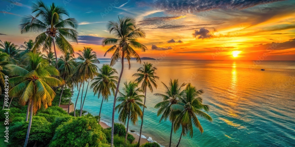 Vibrant orange sun rises over the Philippine horizon, casting a warm glow on lush green palm trees and calm turquoise ocean waters. Vibrant orange sun rises over the Philippine horizon, casting a warm glow on lush green palm trees and calm turquoise ocean waters.