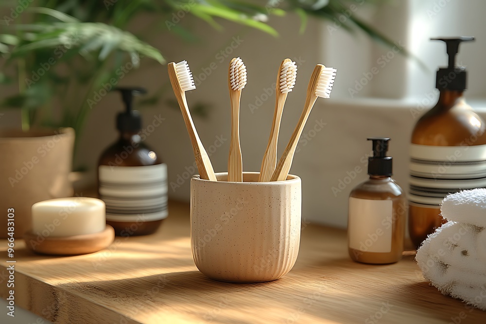Four bamboo toothbrushes in a ceramic holder on a bathroom shelf. Four bamboo toothbrushes in a ceramic holder on a bathroom shelf.