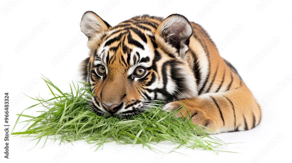 Obraz premium Tiger Cub Eating Grass
