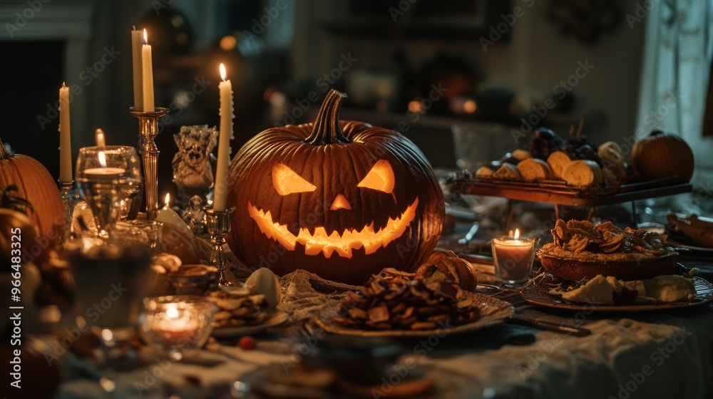 A festive Halloween table setting with a carved pumpkin and assorted treats. A festive Halloween table setting with a carved pumpkin and assorted treats.