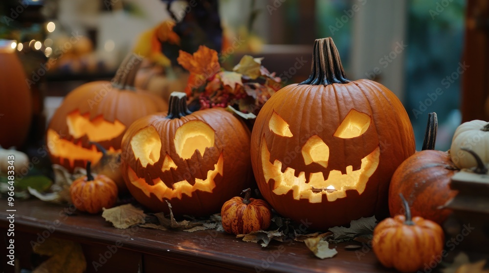 A festive display of carved pumpkins, glowing warmly for Halloween. A festive display of carved pumpkins, glowing warmly for Halloween.