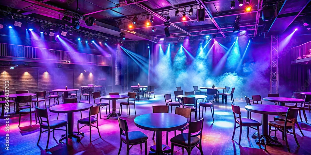Obraz premium Vibrant purple and blue neon lights illuminate a dimly lit, smoke-filled room with a pole center stage, surrounded by empty tables and chairs.