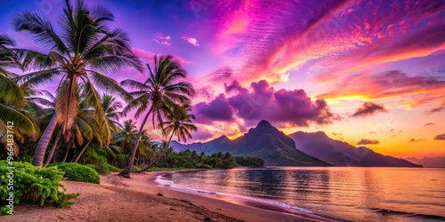 Vibrant purple and pink sunset illuminates a tranquil beach scene featuring a majestic mountain range in the distance, with lush green palm trees swaying gently. photo