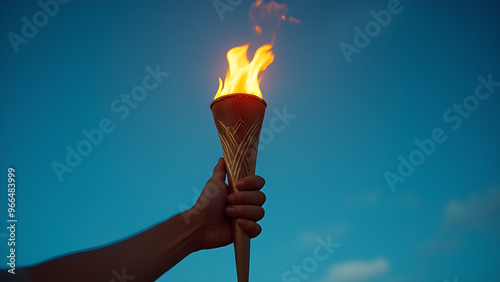 A man's hand holds a torch with the olympic flame against a blue sky background. Sport concept