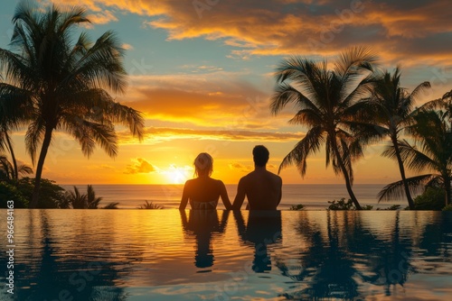 Young couple traveler relaxing and enjoying the sunset by a tropical resort pool while traveling for summer vacation