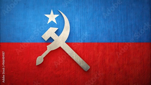 Vibrant red hammer and sickle emblem on a horizontal tricolor background of red, white, and blue, symbolizing communist ideology and national pride. photo