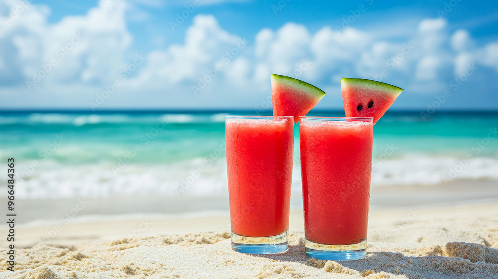 A cool and refreshing watermelon drink, perfect for sipping on a sunny day at the beach. A cool and refreshing watermelon drink, perfect for sipping on a sunny day at the beach.
