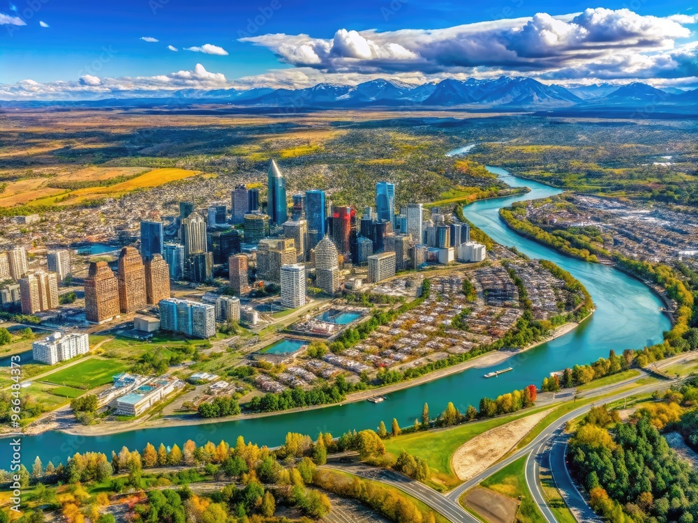 Fototapeta premium Vibrant satellite image displays Calgary, Alberta, Canada's sprawling cityscape, meandering Bow River, and surrounding Rocky Mountains in stunning topographic detail.