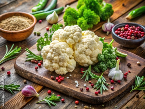 Vibrant, rustic cauliflower florets scattered on a worn wooden cutting board, surrounded by fresh herbs and spices, evoking a sense of farm-to-table cuisine. photo