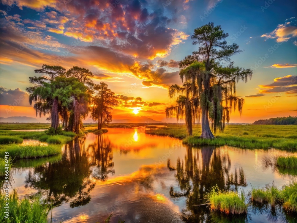 Vibrant sunset casts a warm glow over a tranquil marsh landscape, with cypress trees and Spanish moss, in the southeastern United States. Vibrant sunset casts a warm glow over a tranquil marsh landscape, with cypress trees and Spanish moss, in the southeastern United States.