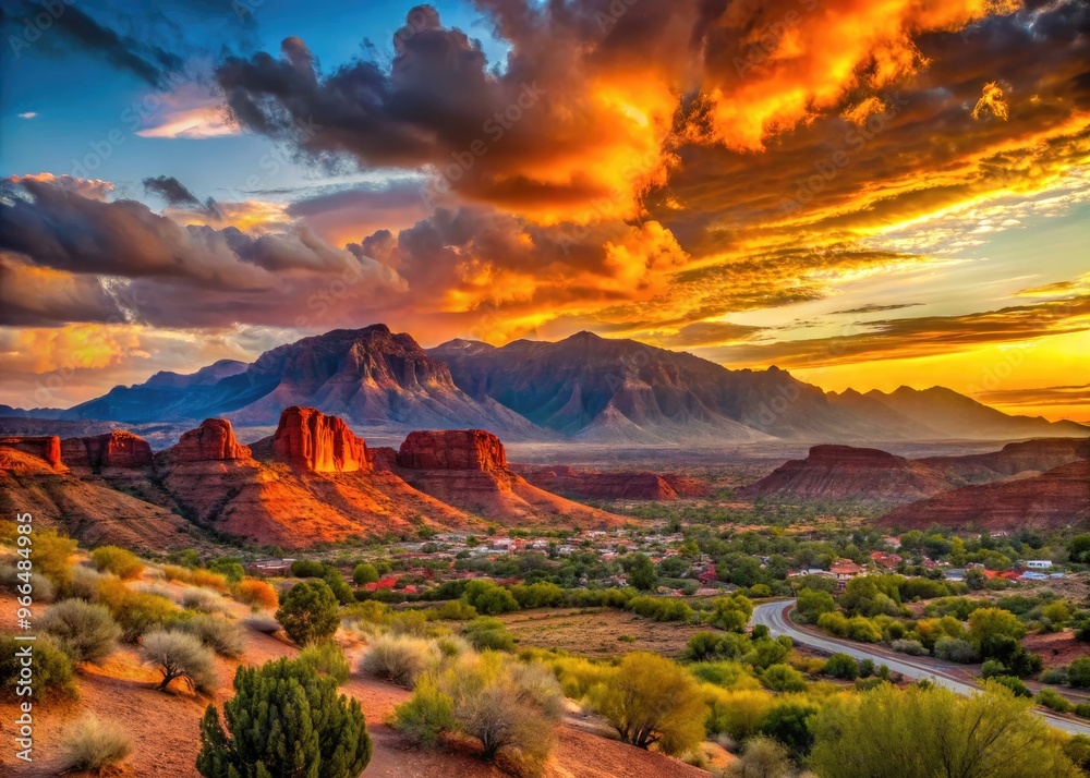 Fototapeta premium Vibrant sunset casts a warm glow over the scenic red rock landscape of St. George, Utah, with rolling hills and majestic mountains in the distance.