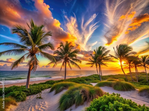 Vibrant sunset sky with wispy clouds, warm-toned sandy dunes, and lush green palm trees swaying gently in the ocean breeze on a serene summer day.