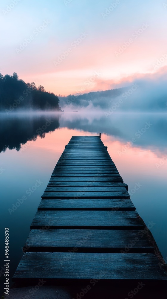 Naklejka premium serene dock extending into misty lake at sunrise