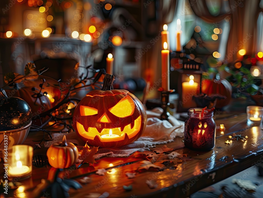 Elegant Halloween table setup featuring black candles, skull decorations, carved pumpkins, and dim candlelight, creating a spooky festive atmosphere.
