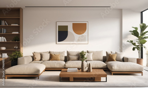 A modern living room with a large sectional sofa, a coffee table, and a bookshelf in the background