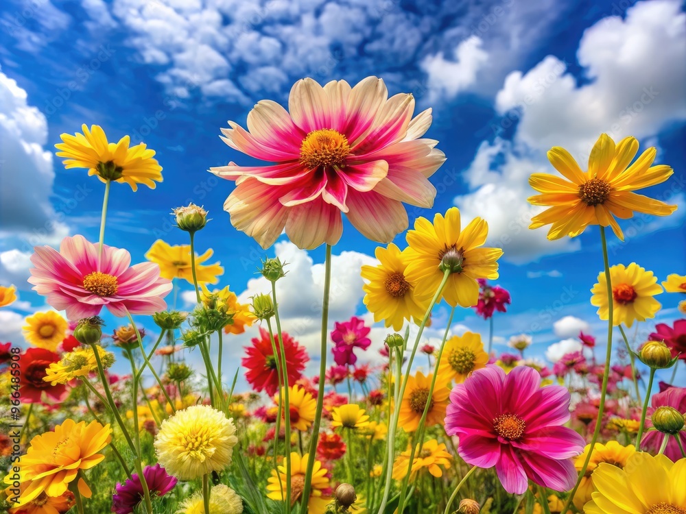 Vibrant yellow and pink flowers bloom against a bright blue summer sky with soft, white clouds, creating a warm and inviting background image. Vibrant yellow and pink flowers bloom against a bright blue summer sky with soft, white clouds, creating a warm and inviting background image.