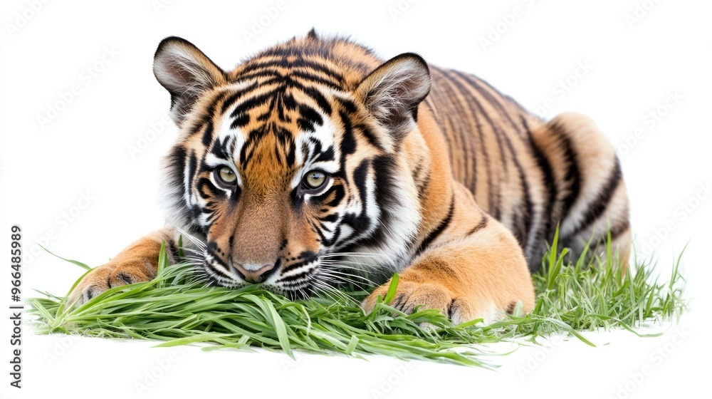 Obraz premium Tiger Cub Eating Grass