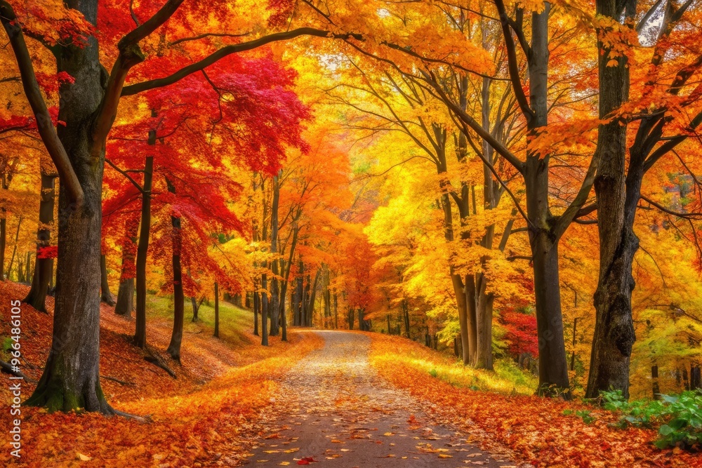 Fototapeta premium Vibrant yellow, orange, and red leaves blanket the forest floor, surrounding a winding path beneath a canopy of rustling trees on a crisp autumn day.