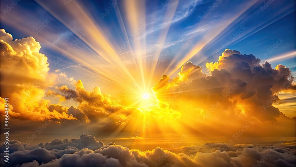 Vibrant yellow sunbeams bursting through fluffy white clouds, illuminating a serene landscape with warm, golden light and a sense of hope and renewal. Vibrant yellow sunbeams bursting through fluffy white clouds, illuminating a serene landscape with warm, golden light and a sense of hope and renewal.