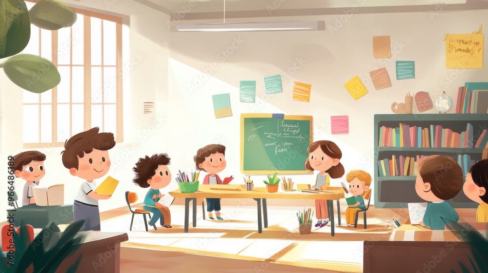 illustration of kids in classroom reading illustration of kids in classroom reading